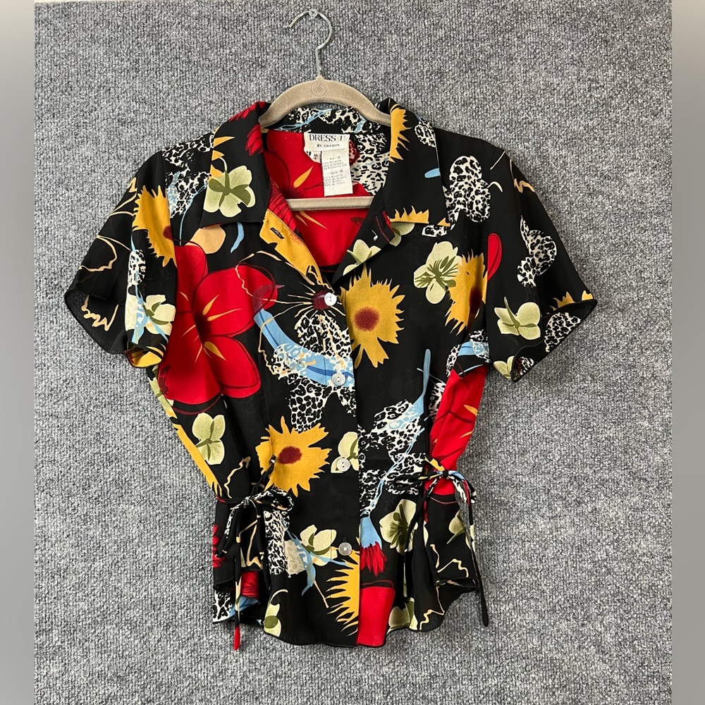 Dress U By Sharon Shirt Womens Size‎ 10 Y2K Vintage Floral With Side Cinch Ties